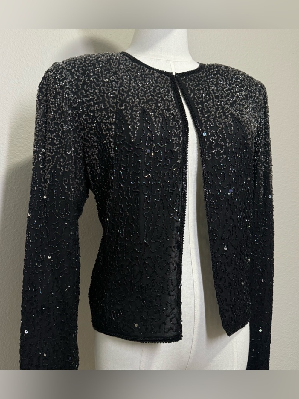90s STÉNAY Beaded 100% Silk Bolero Jacket | Black Silver Sequin Evening